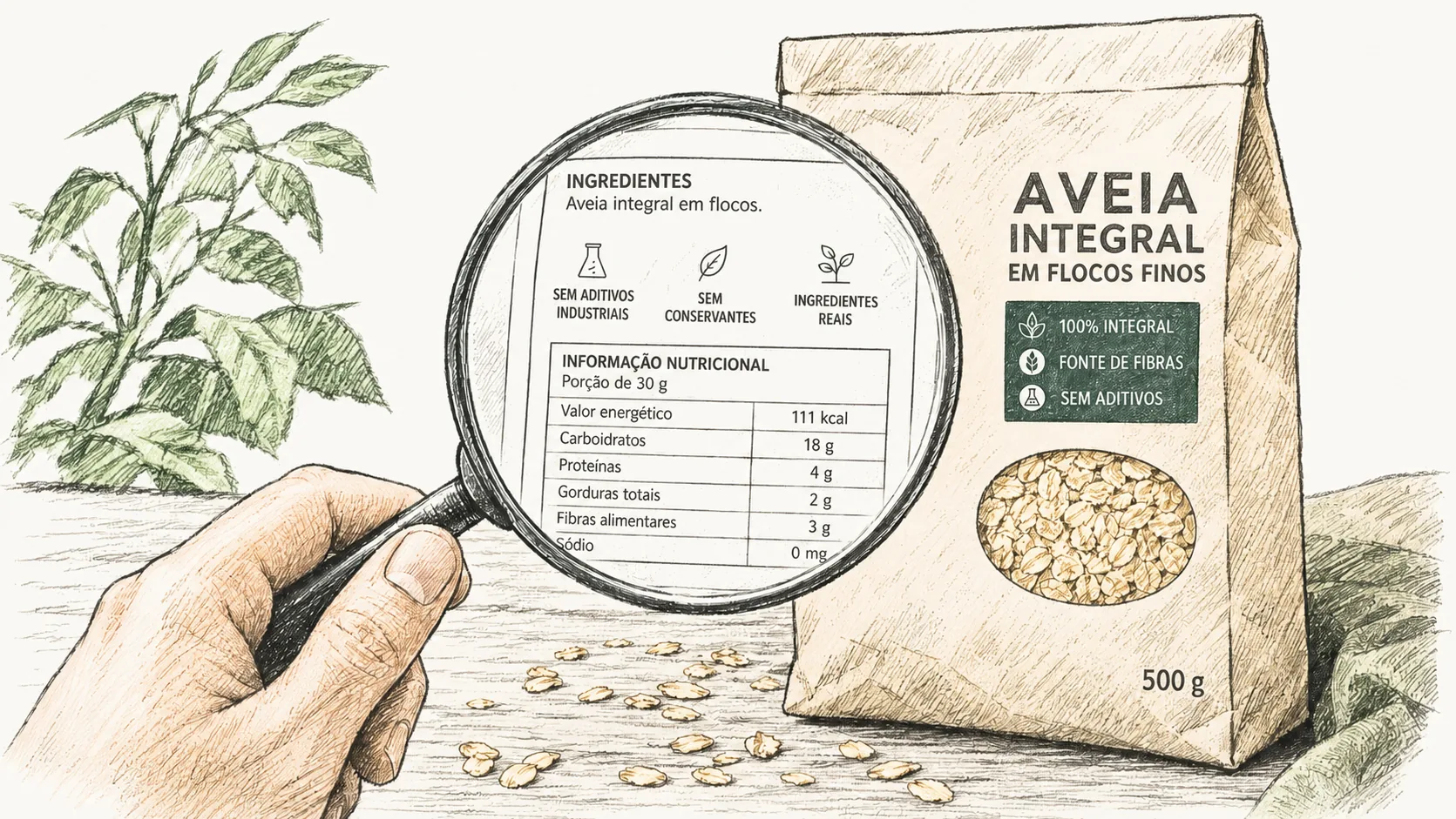 Ilustração de análise de rótulo em uma embalagem de aveia integral